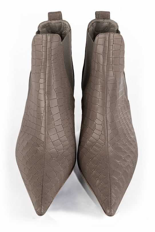 Women's bronze beige and taupe brown elegant Chelsea ankle boots, with side elastics. Pointed toe. Medium comma heels - Top view